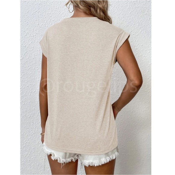 Beige Crew Neck Muscle Tee Top Shirt Cap Sleeve, Round Neck - Picture 2 of 11